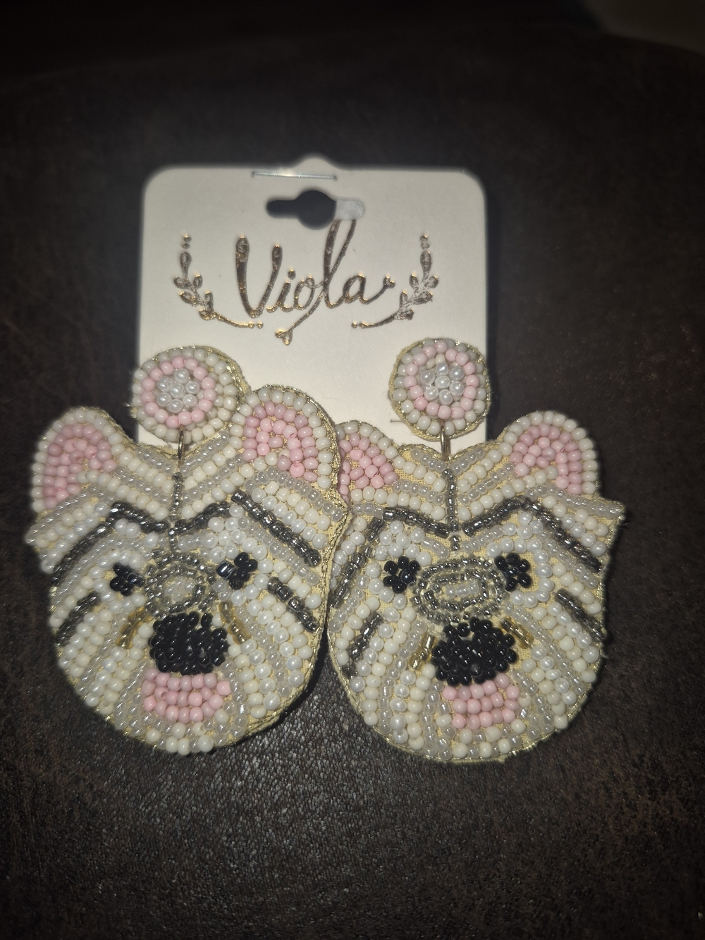Viola Pink & White Beaded Dog Face Drop Earrings